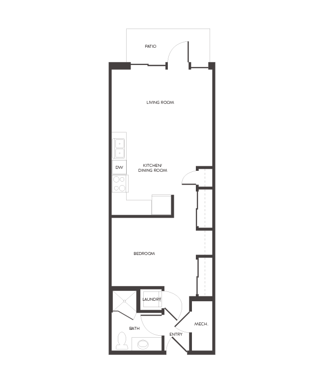 Floor plan for studio, 1 bath, 640 sqft